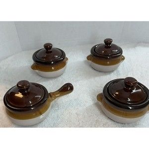 3 French Onion Soup Crock Bowls With lids &  1 Bowl With Handle & Lid  Stoneware